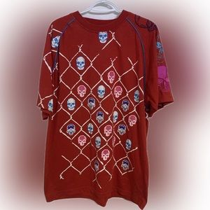 Kanji Skull Print and Embroidered Sleeve T-Shirt Size XL